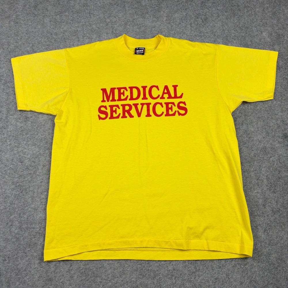 Vintage 90s T Shirt Mens XL Yellow Medical Services USA Made Single Stitch Y2K